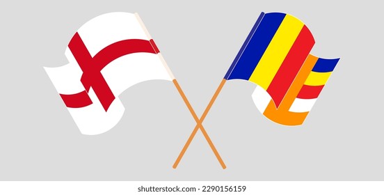 Crossed and waving flags of England and Buddhism. Vector illustration
