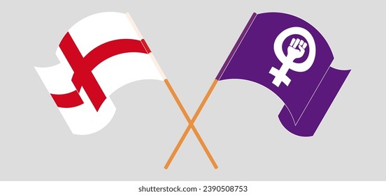 Crossed and waving flags of England and Feminism. Vector illustration
