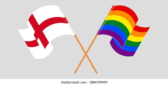 Crossed and waving flags of England and LGBTQ