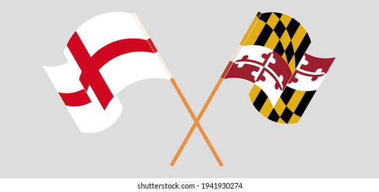 Crossed and waving flags of England and the State of Maryland