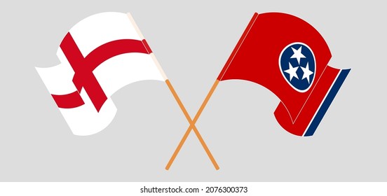Crossed and waving flags of England and The State of Tennessee. Vector illustration
