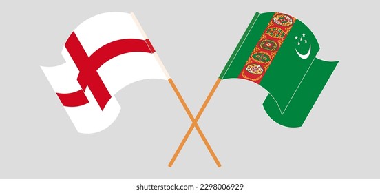 Crossed and waving flags of England and Turkmenistan. Vector illustration
