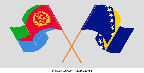 Crossed and waving flags of Eritrea and Bosnia and Herzegovina. Vector illustration

