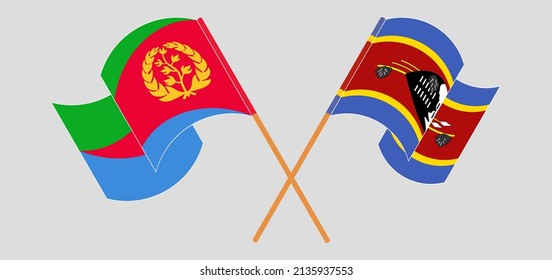 Crossed and waving flags of Eritrea and Eswatini. Vector illustration
