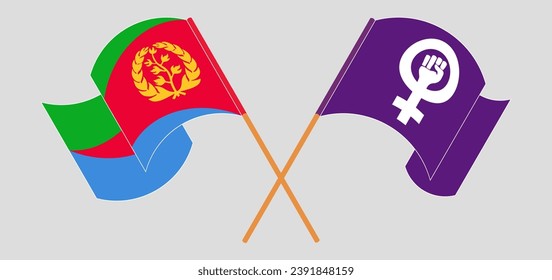 Crossed and waving flags of Eritrea and Feminism. Vector illustration
