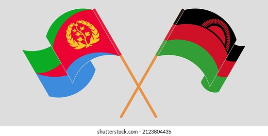 Crossed and waving flags of Eritrea and Malawi. Vector illustration
