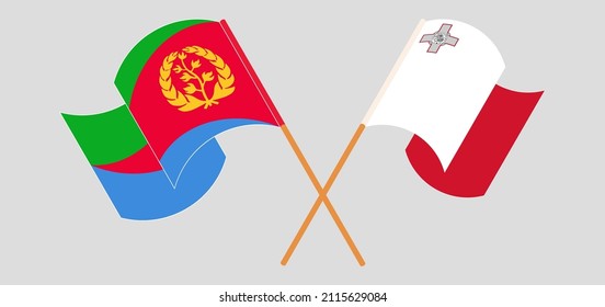 Crossed and waving flags of Eritrea and Malta. Vector illustration
