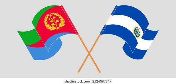 Crossed and waving flags of Eritrea and Republic of El Salvador. Vector illustration.
