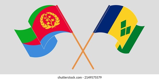 Crossed and waving flags of Eritrea and Saint Vincent and the Grenadines. Vector illustration