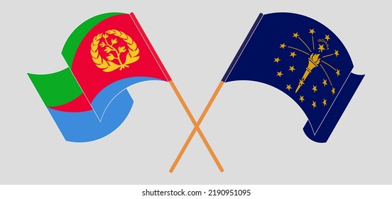 Crossed and waving flags of Eritrea and the State of Indiana. Vector illustration
