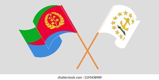 Crossed and waving flags of Eritrea and the State of Rhode Island. Vector illustration
