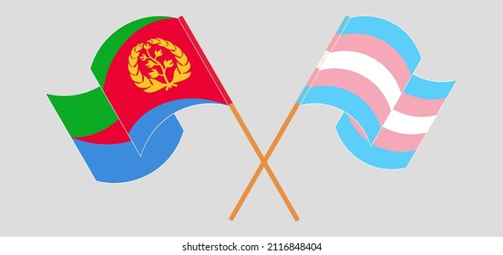 Crossed and waving flags of Eritrea and Transgender Pride. Vector illustration
