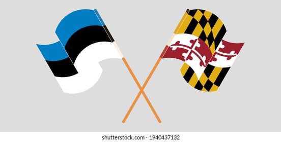 Crossed and waving flags of Estonia and the State of Maryland
