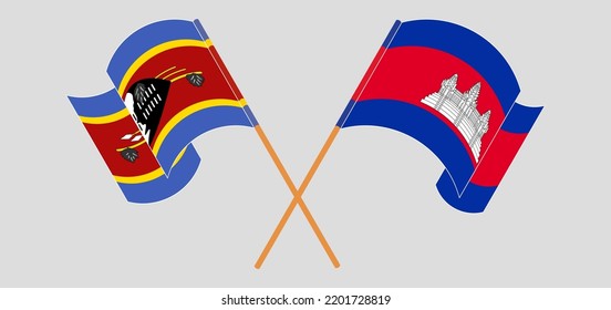Überquerte und schwellende Flaggen von Eswatini und Kambodscha. Vektorgrafik
