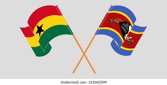 Crossed and waving flags of Eswatini and Ghana. Vector illustration
