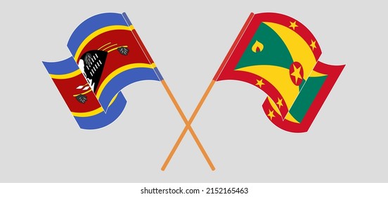 Crossed and waving flags of Eswatini and Grenada. Vector illustration

