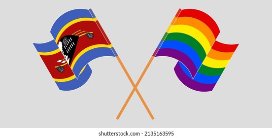 Crossed and waving flags of Eswatini and LGBTQ. Vector illustration
