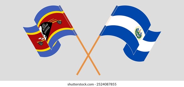 Crossed and waving flags of Eswatini and Republic of El Salvador. Vector illustration.
