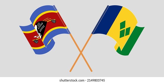 Crossed and waving flags of Eswatini and Saint Vincent and the Grenadines. Vector illustration
