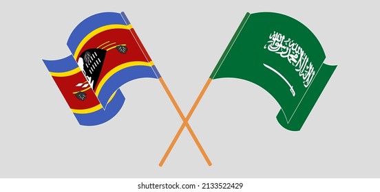 Crossed and waving flags of Eswatini and Saudi Arabia. Vector illustration
