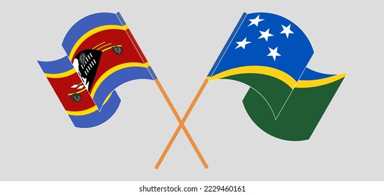 Crossed and waving flags of Eswatini and Solomon Islands. Vector illustration
