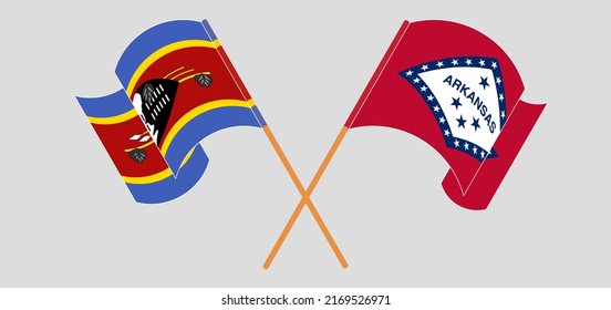 Crossed and waving flags of Eswatini and The State of Arkansas. Vector illustration
