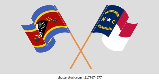 Crossed and waving flags of Eswatini and The State of North Carolina. Vector illustration
