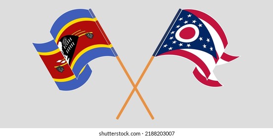 Crossed and waving flags of Eswatini and the State of Ohio. Vector illustration
