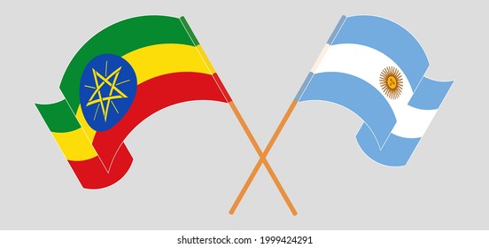 Crossed and waving flags of Ethiopia and Argentina