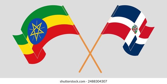 Crossed and waving flags of Ethiopia and Dominican Republic. Vector illustration
