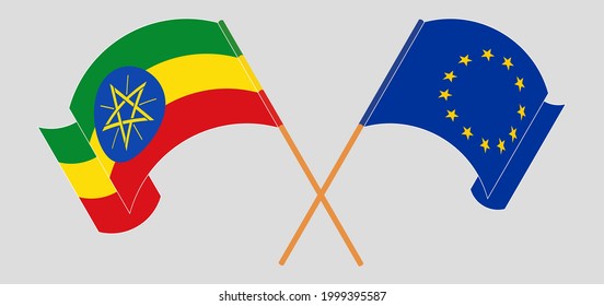 Crossed and waving flags of Ethiopia and the European Union