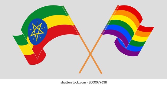 Crossed and waving flags of Ethiopia and LGBTQ