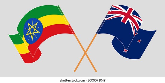 Crossed and waving flags of Ethiopia and New Zealand