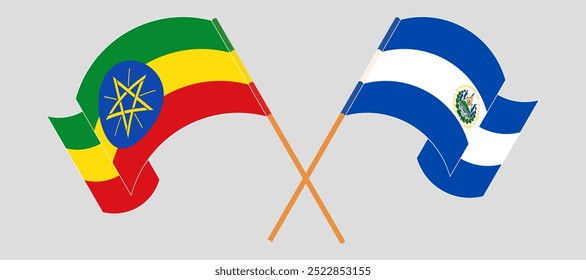 Crossed and waving flags of Ethiopia and Republic of El Salvador. Vector illustration.
