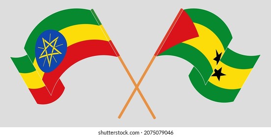Crossed and waving flags of Ethiopia and Sao Tome and Principe. Vector illustration
