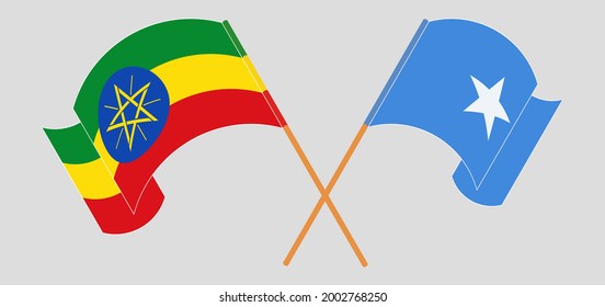 Crossed and waving flags of Ethiopia and Somalia