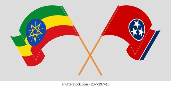 Crossed and waving flags of Ethiopia and The State of Tennessee. Vector illustration
