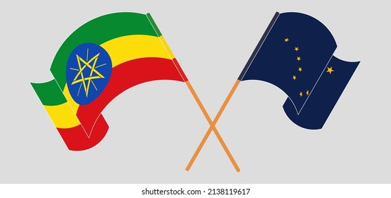 Crossed and waving flags of Ethiopia and the State of Alaska. Vector illustration
