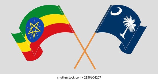 Crossed and waving flags of Ethiopia and The State of South Carolina. Vector illustration
