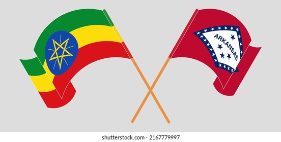 Überquerte und schwellende Flaggen von Äthiopien und dem Staat Arkansas. Vektorgrafik
