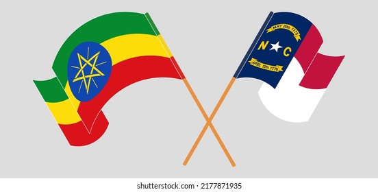 Crossed and waving flags of Ethiopia and The State of North Carolina. Vector illustration
