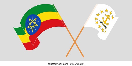 Crossed and waving flags of Ethiopia and the State of Rhode Island. Vector illustration

