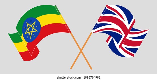 Crossed and waving flags of Ethiopia and the UK