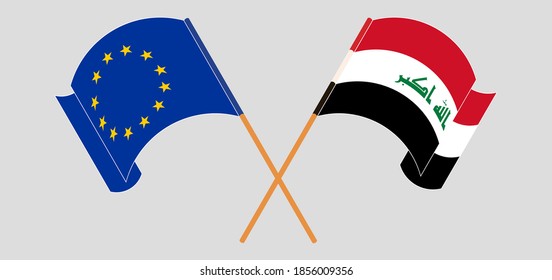 Crossed and waving flags of the EU and Iraq
