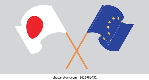Crossed and waving flags of the the EU and Japan. Vector illustration