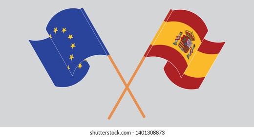 Crossed and waving flags of the EU and Spain