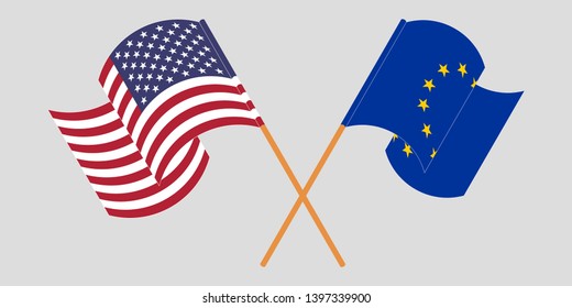 Crossed and waving flags of the EU and the USA