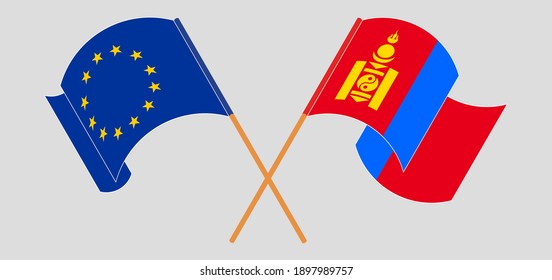 Crossed and waving flags of the European Union and Mongolia