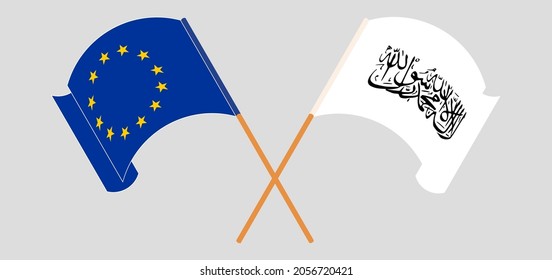  Crossed and waving flags of the European Union and Taliban