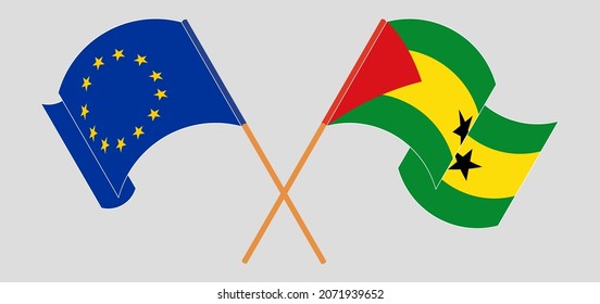 Crossed and waving flags of the European Union and Sao Tome and Principe